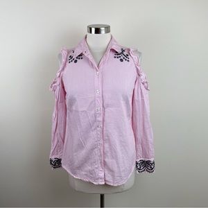 Nanette Lepore Pink White Stripe Cold Shoulder Button Down Long Sleeve Top Women